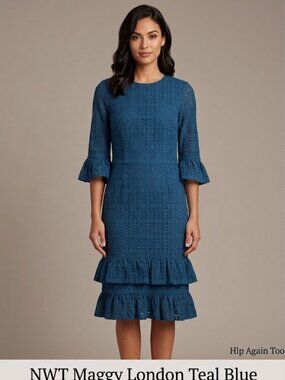 NWT Maggy London Teal Blue Lace Dress Size 10 Bell Sleeves Tiered Ruffle Hem